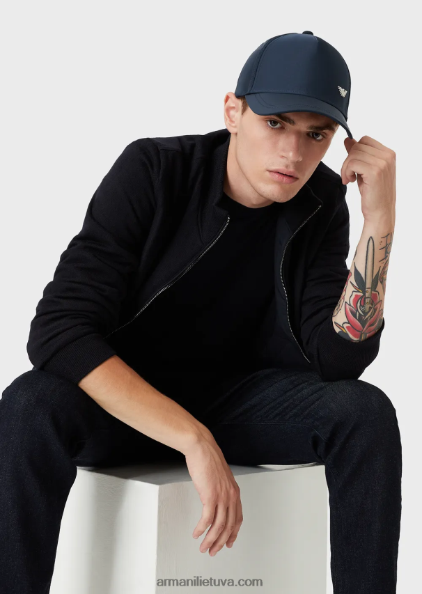 vyrų tamsiai mėlyna Armani dygsniuotas nailonas ir megzta apverčiama palaidinė su logotipu 02482X1361