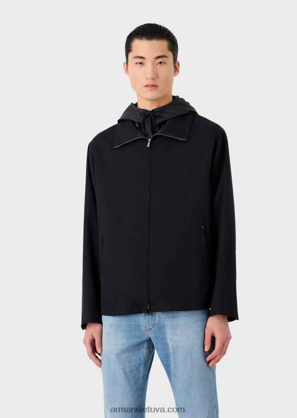 vyrų tamsiai mėlyna Armani palaidinė su gobtuvu su pilnu užtrauktuku iš traškios vilnos gabardino 02482X1341