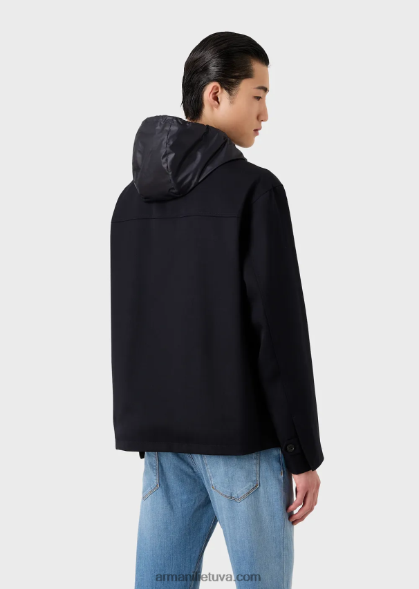 vyrų tamsiai mėlyna Armani palaidinė su gobtuvu su pilnu užtrauktuku iš traškios vilnos gabardino 02482X1341