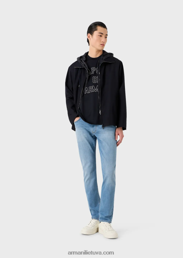 vyrų tamsiai mėlyna Armani palaidinė su gobtuvu su pilnu užtrauktuku iš traškios vilnos gabardino 02482X1341