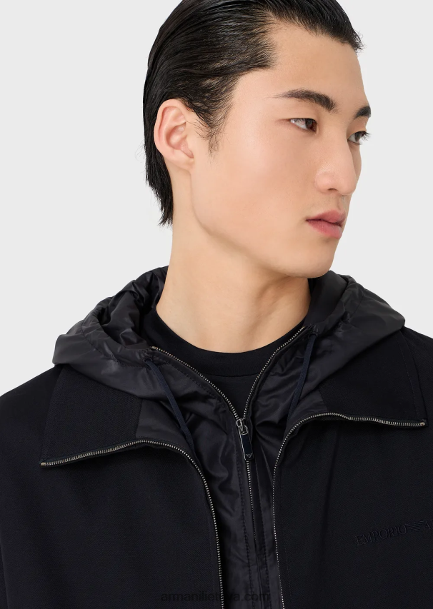 vyrų tamsiai mėlyna Armani palaidinė su gobtuvu su pilnu užtrauktuku iš traškios vilnos gabardino 02482X1341