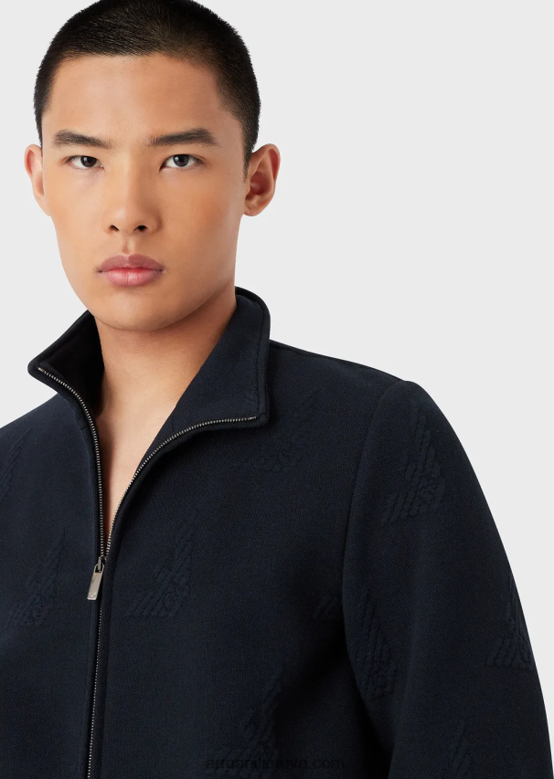 vyrų tamsiai mėlyna Armani reljefinė erelio trikotažas su pilnu užtrauktuku 02482X1320