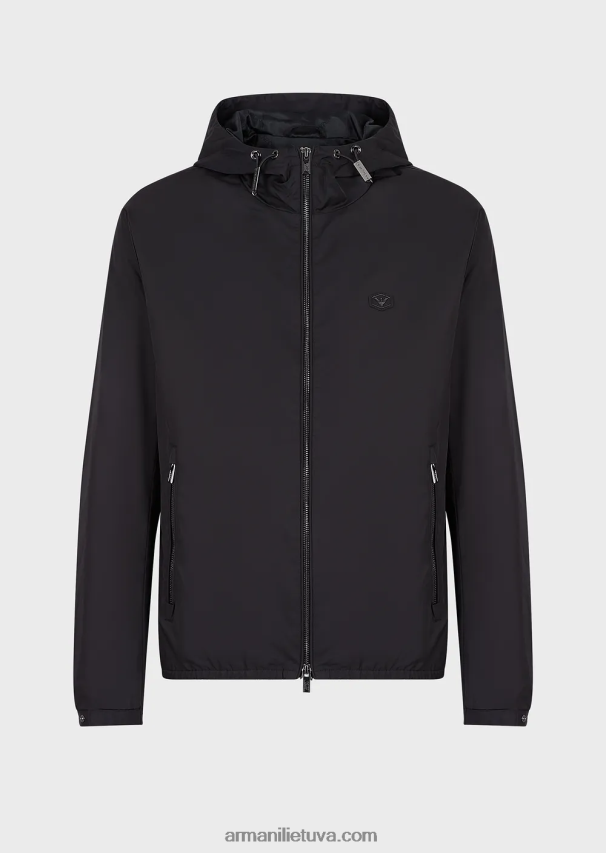 vyrų tamsiai mėlyna Armani vandeniui atspari nailoninė palaidinė su gobtuvu ir logotipu 02482X1343