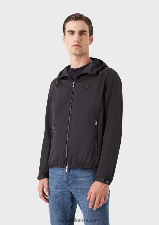 vyrų tamsiai mėlyna Armani vandeniui atspari nailoninė palaidinė su gobtuvu ir logotipu 02482X1343