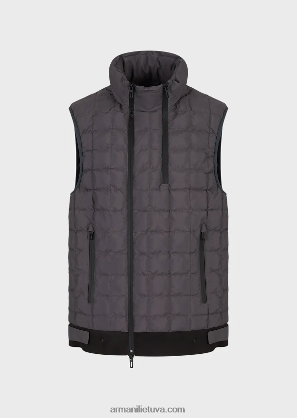 vyrų tamsiai pilka Armani vandens atstumiantis dygsniuotas nailono pilnas užtrauktukas be rankovių. 02482X1309