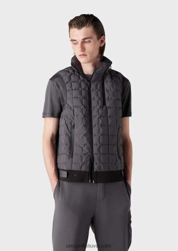 vyrų tamsiai pilka Armani vandens atstumiantis dygsniuotas nailono pilnas užtrauktukas be rankovių. 02482X1309