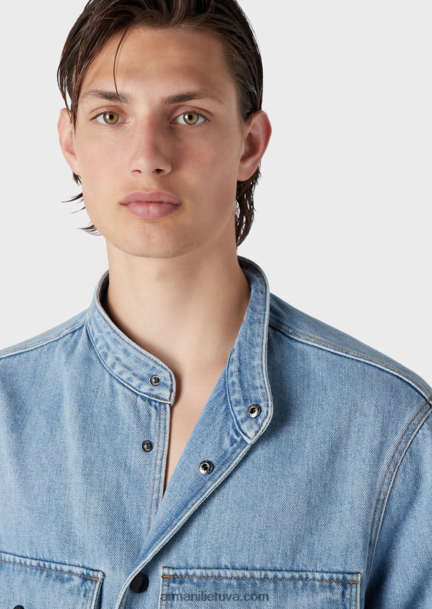 vyrų šviesiai mėlynas Armani kanapių mišinio džinsinis švarkas su nehru apykakle 02482X1319