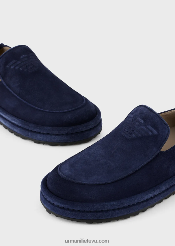 vyrų mėlyna Armani zomšiniai loafers su negabaritiniu ereliu 02482X1844