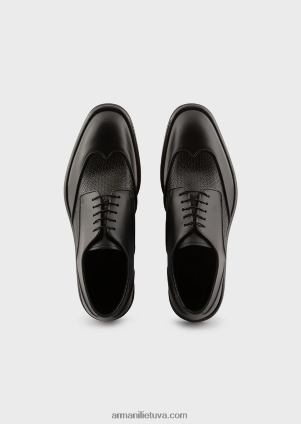 vyrų juodas Armani odiniai derbio batai su austa rašto detalėmis 02482X1827