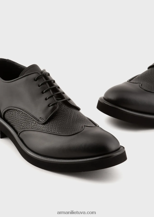 vyrų juodas Armani odiniai derbio batai su austa rašto detalėmis 02482X1827