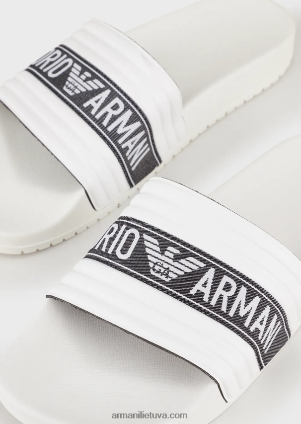 vyrų baltas Armani PVC slankikliai su žakardo logotipo juostele 02482X1849