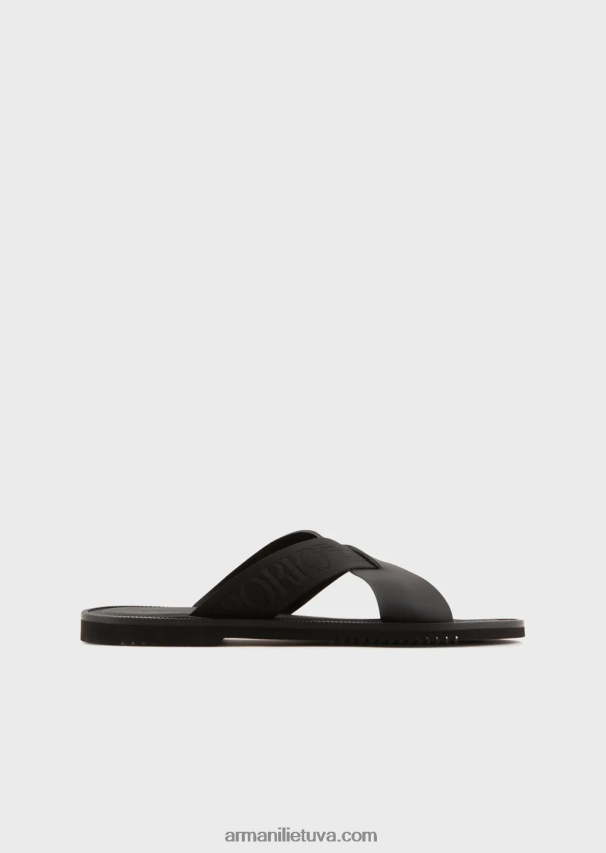 vyrų juodas Armani odiniai kryžminiai sandalai su logotipo juostele 02482X1854