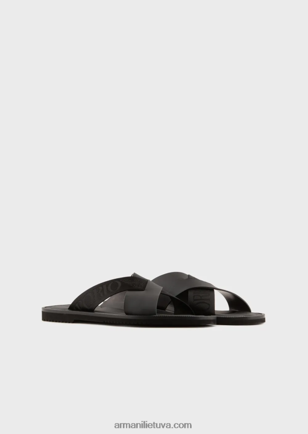 vyrų juodas Armani odiniai kryžminiai sandalai su logotipo juostele 02482X1854
