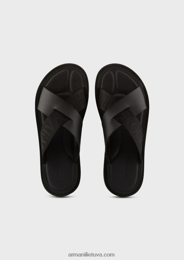 vyrų juodas Armani odiniai kryžminiai sandalai su logotipo juostele 02482X1854