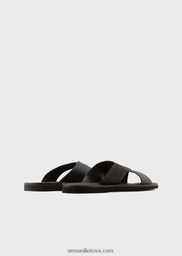 vyrų juodas Armani odiniai kryžminiai sandalai su logotipo juostele 02482X1854