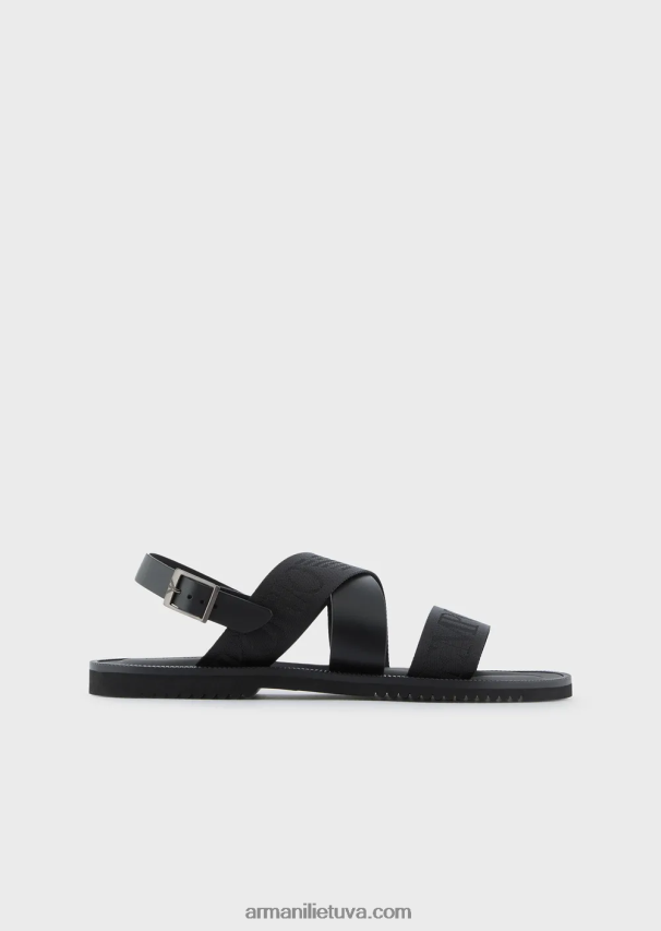 vyrų juodas Armani odiniai kryžminiai sandalai su logotipo juostele 02482X1856