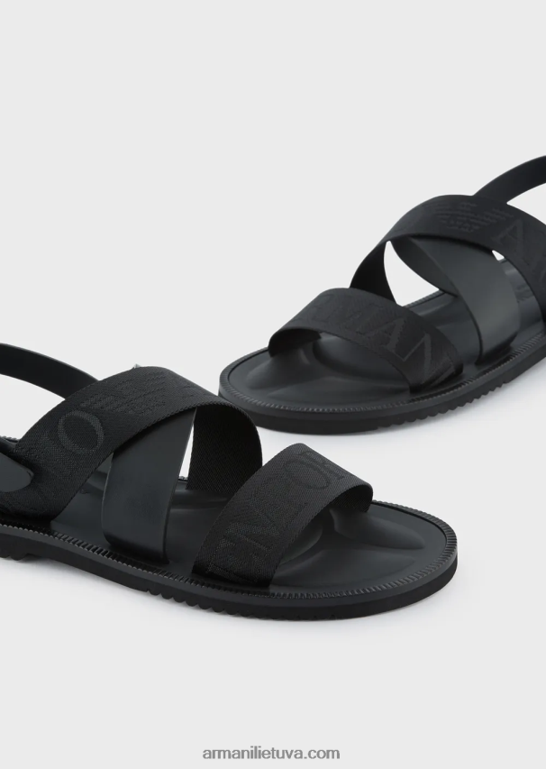 vyrų juodas Armani odiniai kryžminiai sandalai su logotipo juostele 02482X1856