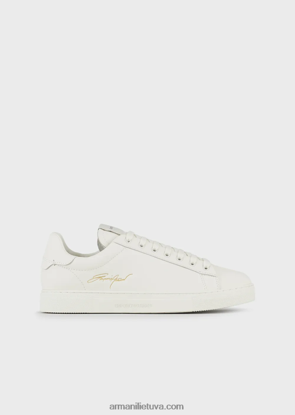 vyrų baltas Armani odiniai sportbačiai su auksiniu firminiu logotipu 02482X1922