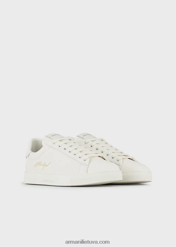 vyrų baltas Armani odiniai sportbačiai su auksiniu firminiu logotipu 02482X1922