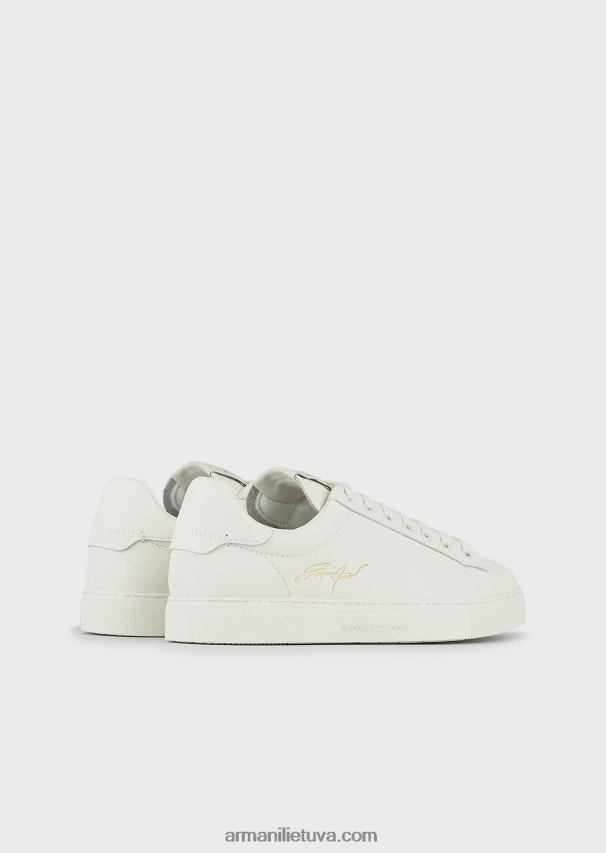 vyrų baltas Armani odiniai sportbačiai su auksiniu firminiu logotipu 02482X1922