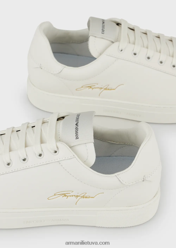 vyrų baltas Armani odiniai sportbačiai su auksiniu firminiu logotipu 02482X1922