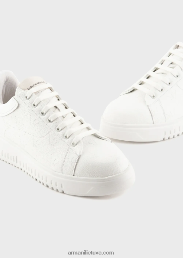 vyrų baltas Armani odiniai sportbačiai su samanomis dygsniuotu ereliu 02482X1865