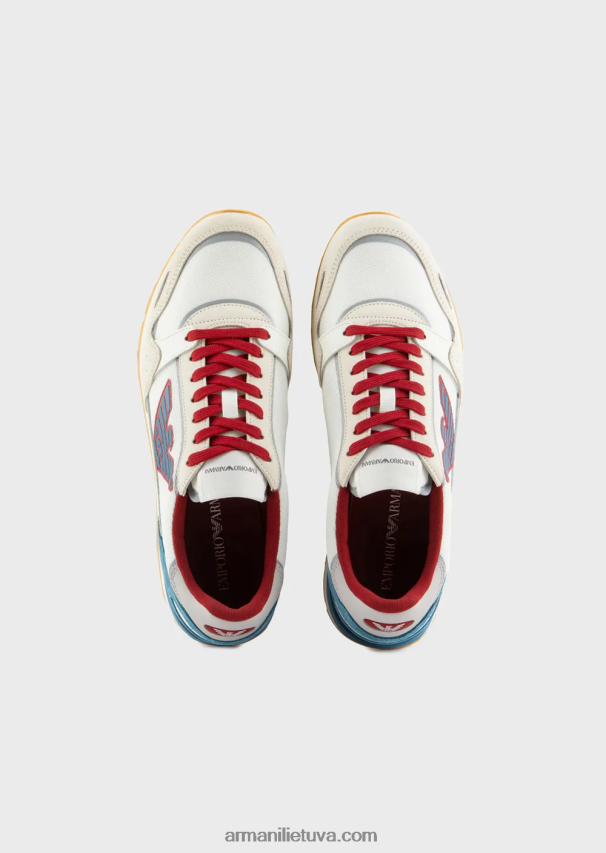vyrų baltas Armani tinkliniai sportbačiai su zomšos detalėmis ir erelio lopinėliu 02482X1885