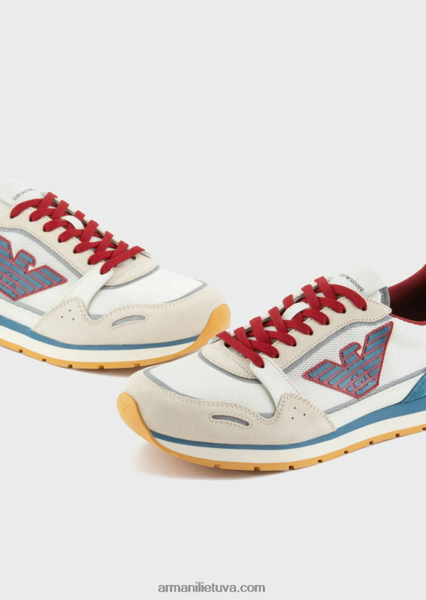 vyrų baltas Armani tinkliniai sportbačiai su zomšos detalėmis ir erelio lopinėliu 02482X1885