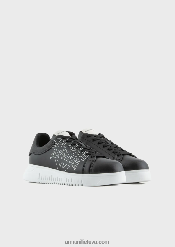 vyrų juodas Armani minkštos odos sportbačiai su ryškiu logotipu 02482X1867