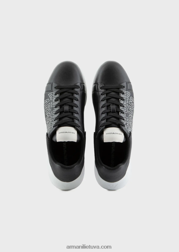 vyrų juodas Armani minkštos odos sportbačiai su ryškiu logotipu 02482X1867