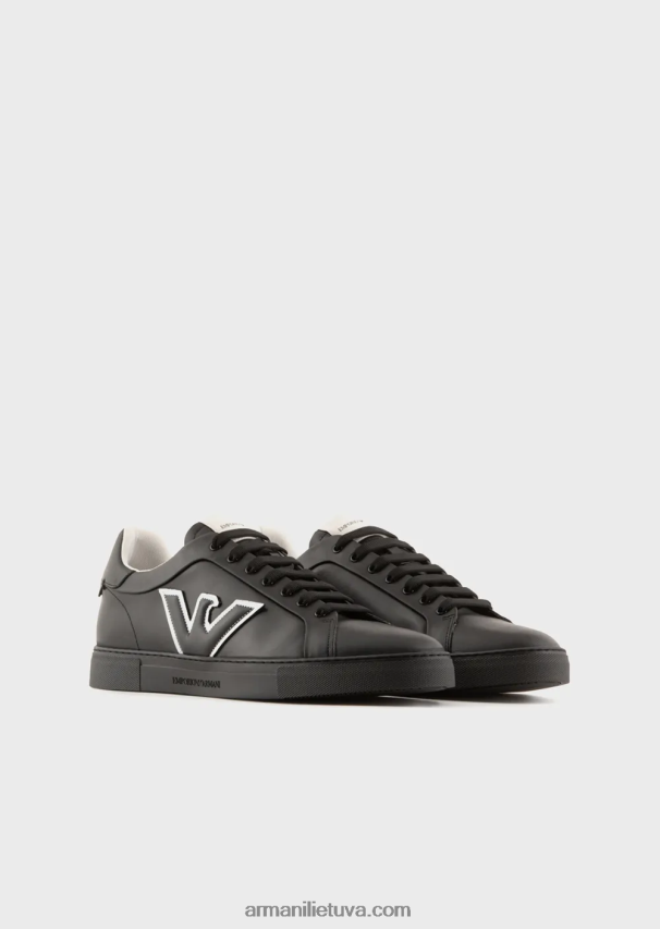 vyrų juodas Armani odiniai sportbačiai su erelio pleistru 02482X1919