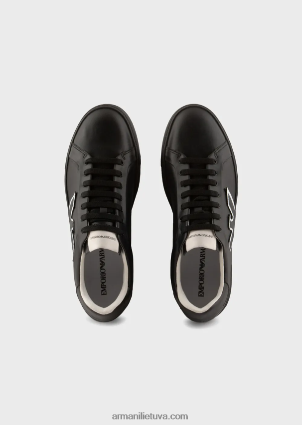 vyrų juodas Armani odiniai sportbačiai su erelio pleistru 02482X1919