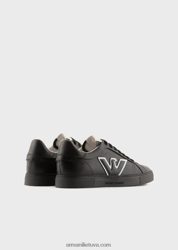 vyrų juodas Armani odiniai sportbačiai su erelio pleistru 02482X1919