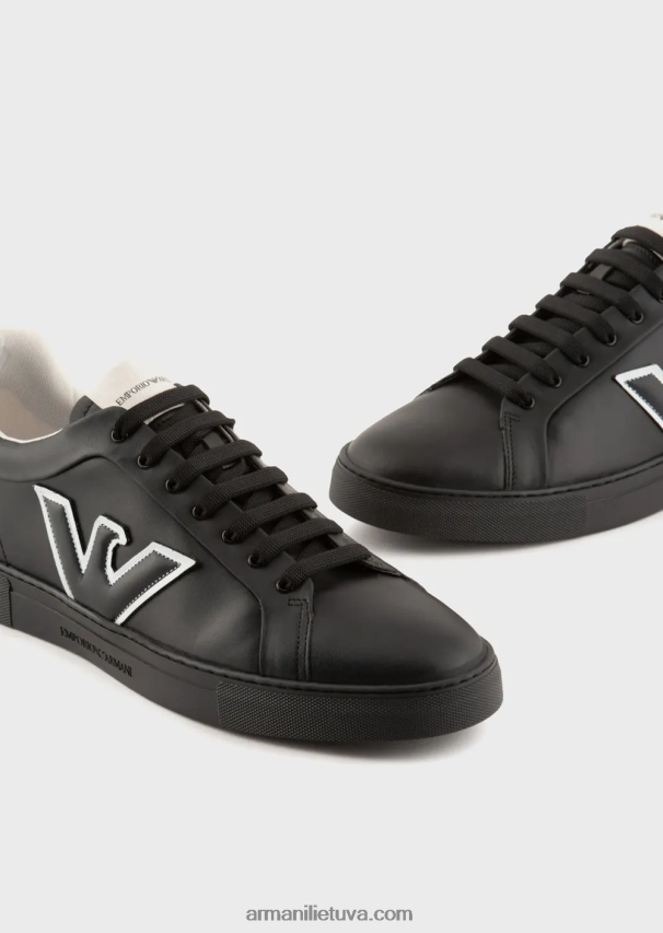 vyrų juodas Armani odiniai sportbačiai su erelio pleistru 02482X1919