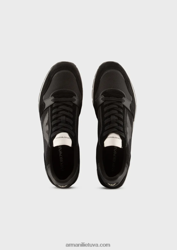 vyrų juodas Armani tinkliniai sportbačiai su zomšos detalėmis ir erelio lopinėliu 02482X1889
