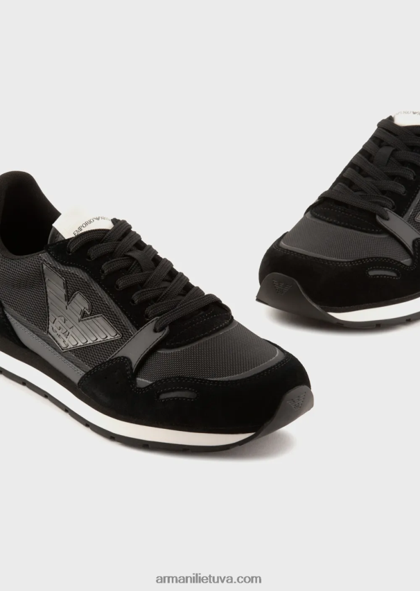 vyrų juodas Armani tinkliniai sportbačiai su zomšos detalėmis ir erelio lopinėliu 02482X1889