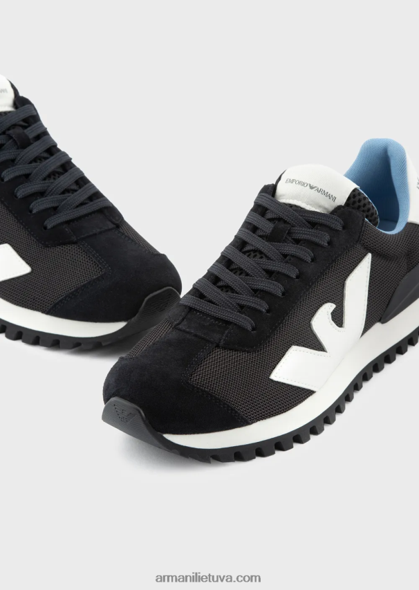 vyrų juodas Armani zomšiniai ir tinkliniai sportbačiai su per dideliu ereliu 02482X1891