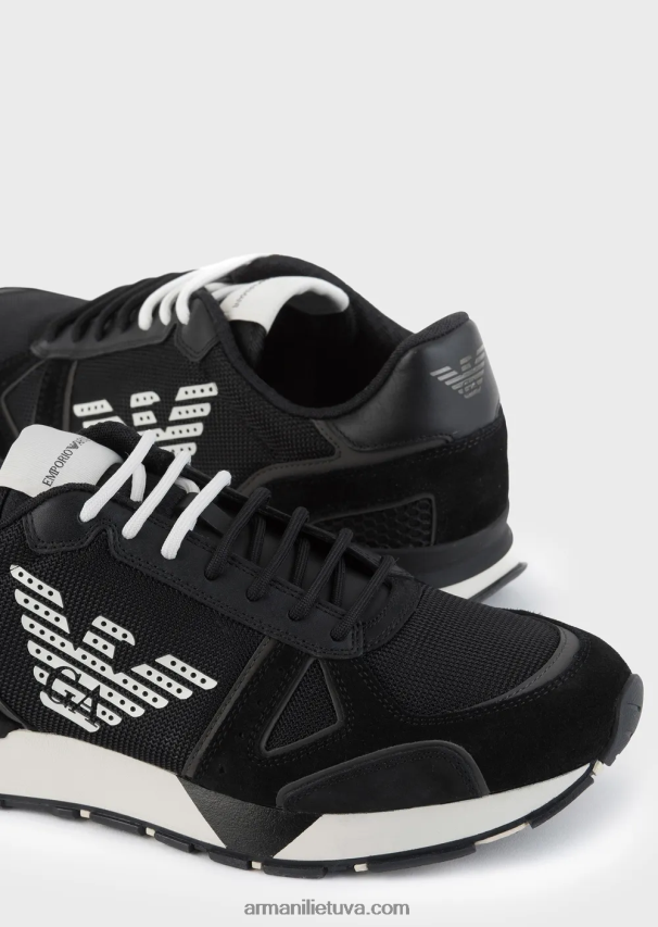 vyrų juodas logotipas Armani zomšiniai sportbačiai su tinklinio nubuko įdėklais ir šoniniu ereliu 02482X1926