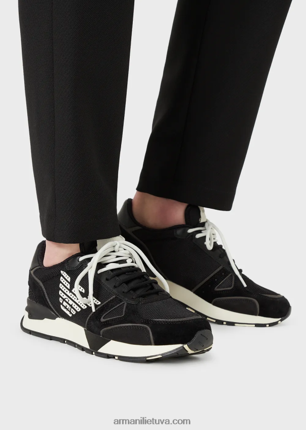 vyrų juodas logotipas Armani zomšiniai sportbačiai su tinklinio nubuko įdėklais ir šoniniu ereliu 02482X1926