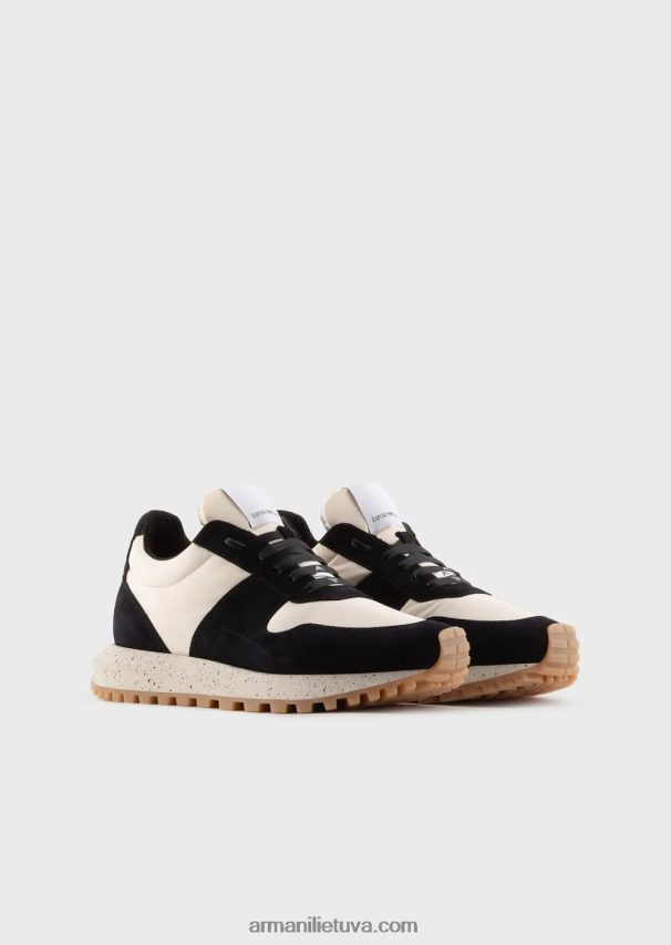 vyrų mėlyna Armani tvarios kolekcijos crust odos ir ekologiško nailono sportbačiai 02482X1942