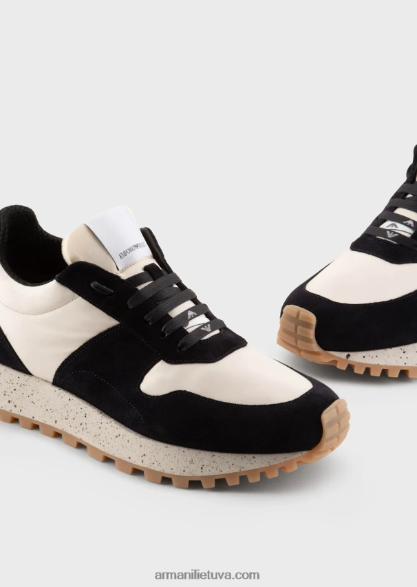 vyrų mėlyna Armani tvarios kolekcijos crust odos ir ekologiško nailono sportbačiai 02482X1942