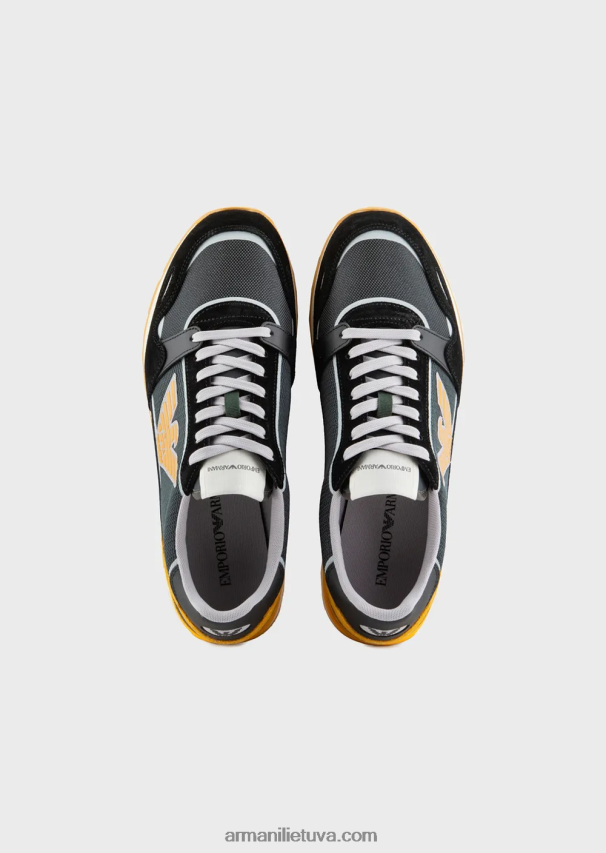 vyrų modelis Armani tinkliniai sportbačiai su zomšos detalėmis ir erelio lopinėliu 02482X1886