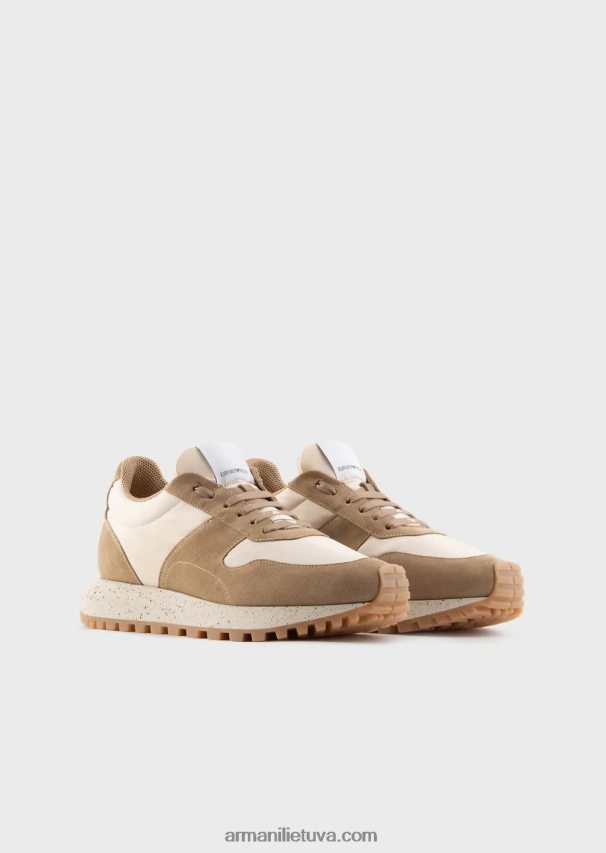 vyrų smėlio spalvos Armani tvarios kolekcijos crust odos ir ekologiško nailono sportbačiai 02482X1941