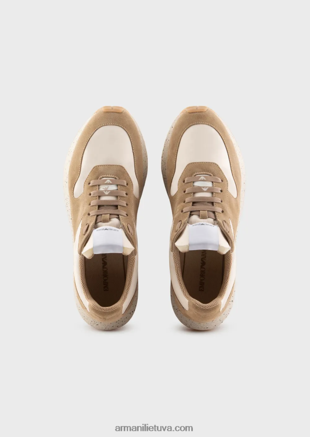 vyrų smėlio spalvos Armani tvarios kolekcijos crust odos ir ekologiško nailono sportbačiai 02482X1941