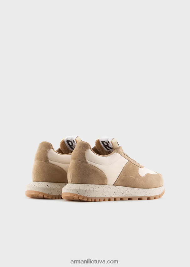 vyrų smėlio spalvos Armani tvarios kolekcijos crust odos ir ekologiško nailono sportbačiai 02482X1941