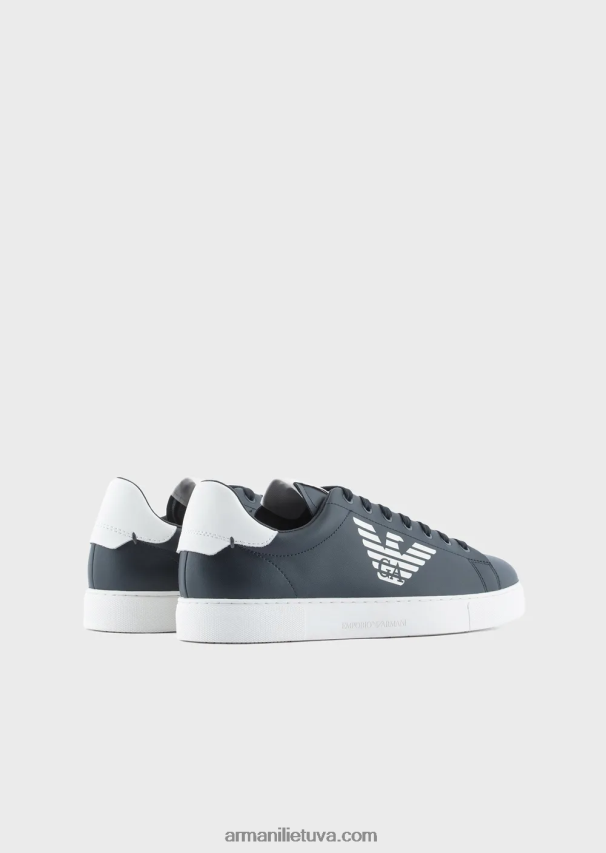 vyrų tamsiai mėlyna Armani blizgūs odiniai sportbačiai su oversized erelio logotipu 02482X1878