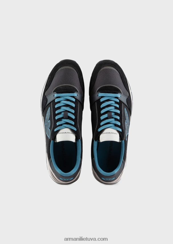vyrų tamsiai mėlyna Armani tinkliniai sportbačiai su zomšos detalėmis ir erelio lopinėliu 02482X1884