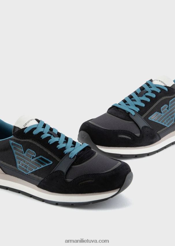 vyrų tamsiai mėlyna Armani tinkliniai sportbačiai su zomšos detalėmis ir erelio lopinėliu 02482X1884