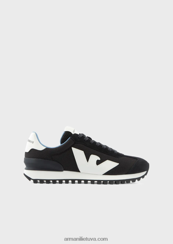 vyrų tamsiai mėlyna Armani zomšiniai ir tinkliniai sportbačiai su per dideliu ereliu 02482X1890