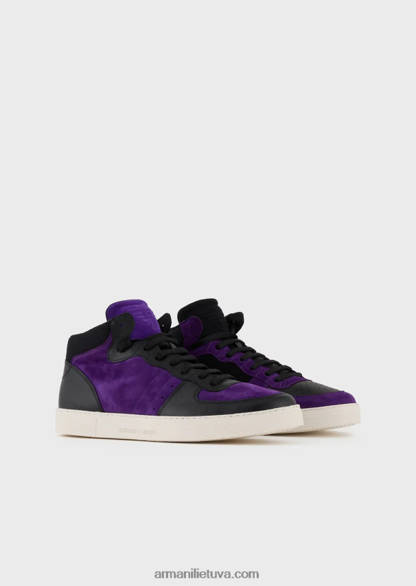 vyrų violetinėperkrauti emporio armani odiniais ir zomšiniais aukštais sportbačiais armani tvarumo vertybės 02482X1896